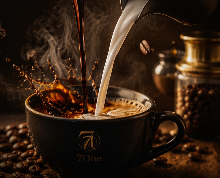Espresso and steamed milk pouring into a 7One signature mug, surrounded by coffee beans